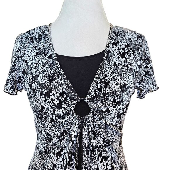 Vintage Y2K Womens Small Black Retro Floral Pleated Dress Knee Length Layered - Picture 3 of 14